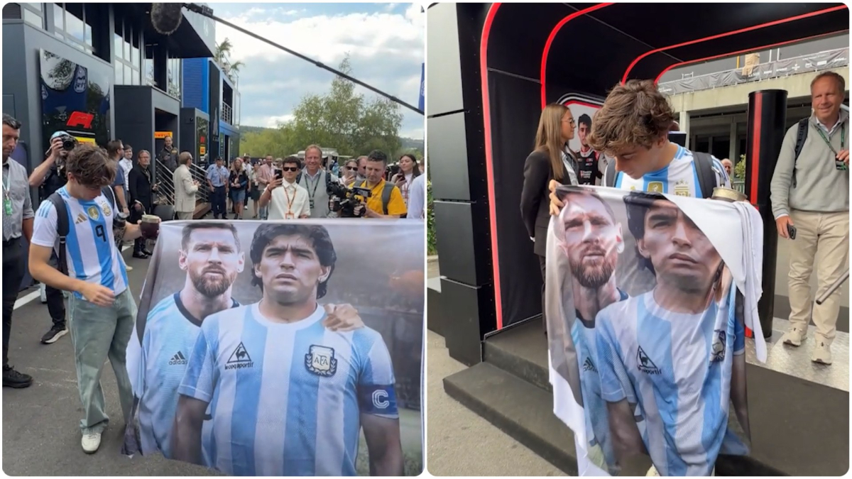 ¡Con el Diego y Lionel! Colapinto llega al GP de Bélgica con la camiseta de Argentina y una pancarta de las dos máximas figuras de la albiceleste