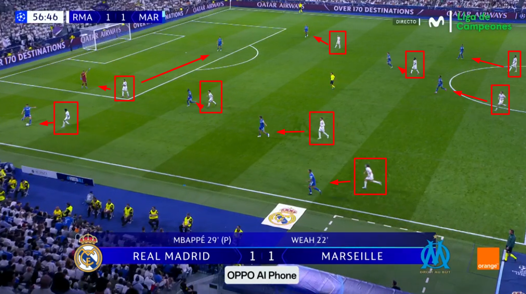 Presión alta del Madrid en la segunda mitad.
