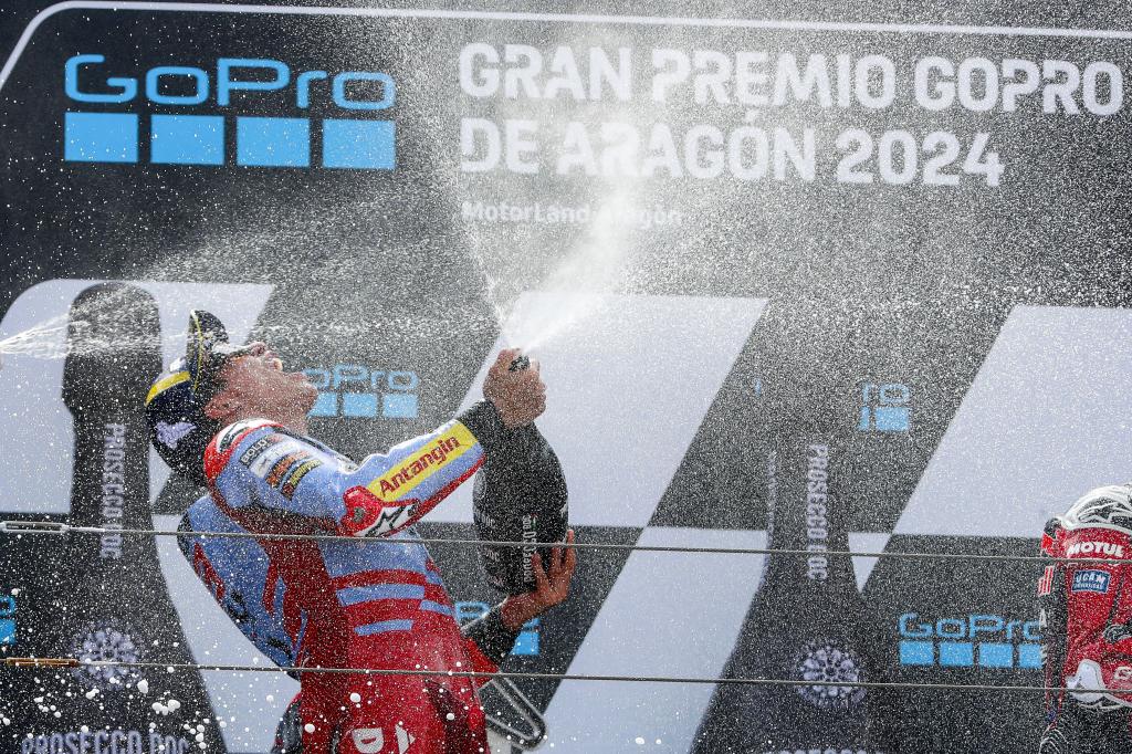 Marc Márquez, en su primera victoria con Ducati, en Aragón 2024.
