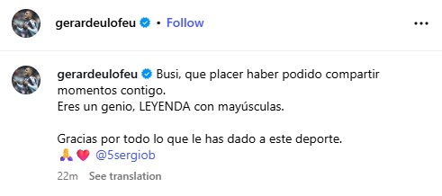 El mensaje de Deulofeu a Busquets en redes sociales.