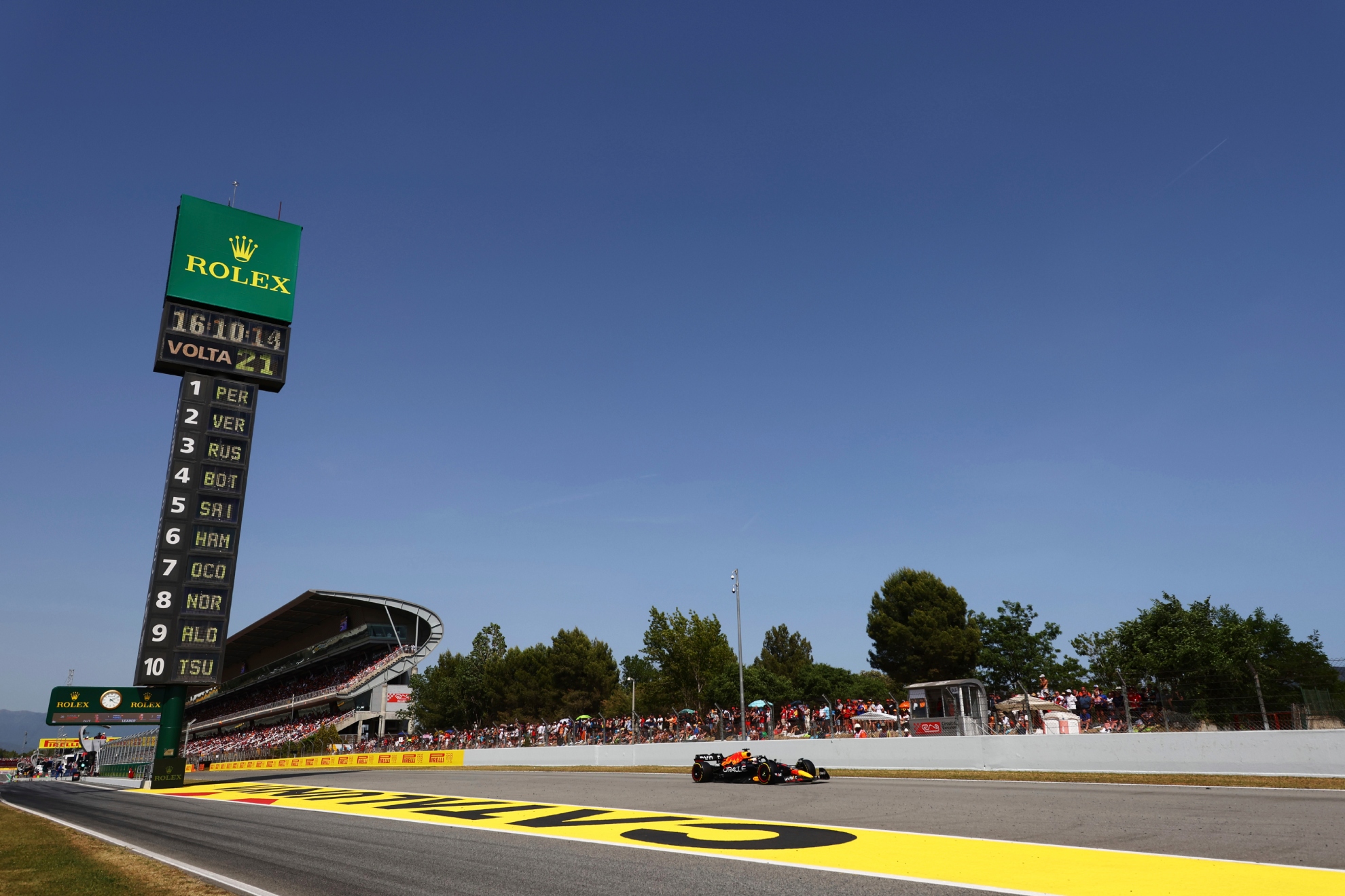 Max Verstappen cruzando la línea de meta en el Circuit de Barcelona-Catalunya en 2022.