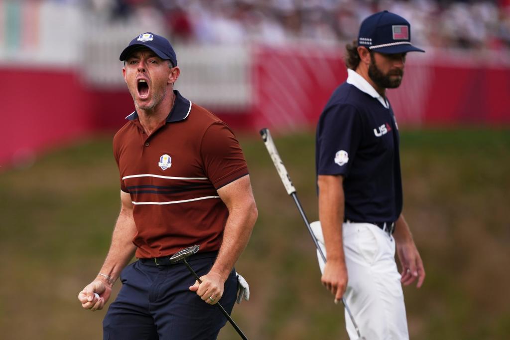 McIlroy celebra un putt en el hoyo 14
