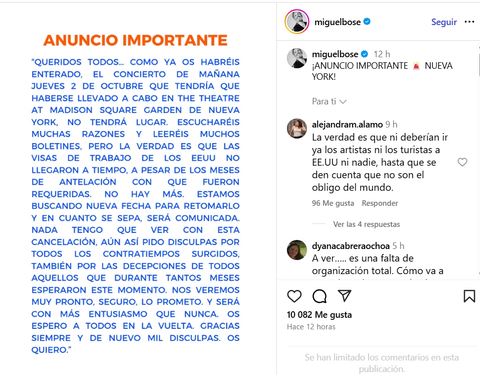 El comunicado de Miguel Bosé explicando la cancelación del concierto en Nueva York.