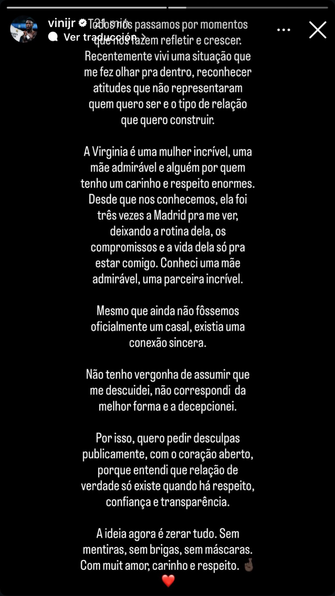 Comunicado íntegro de Vinicius disculpándose con Virgina Fonseca